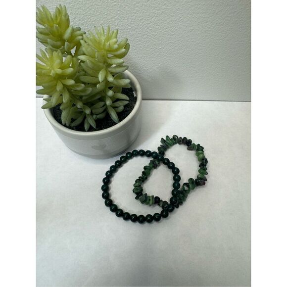 Malachite + Ruby Zoisite Gemstone Beaded Stretch Bracelets - Picture 1 of 6